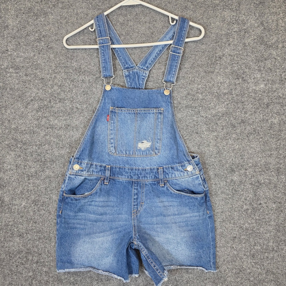 Levis Denim Shortall Overalls Women 16 REG Blue Jean Distressed Raw Hem Chore